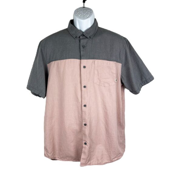 Vans Button Up Shirt Men Large Grey Peach Short Sleeve Casual Top Off The Wall - Picture 1 of 13